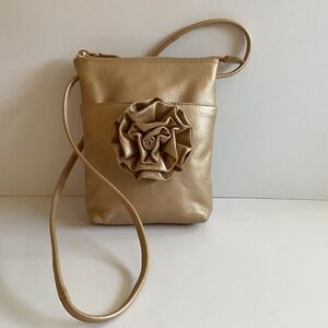 Ili New York Genuine Leather Rosette Detail Gold Crossbody